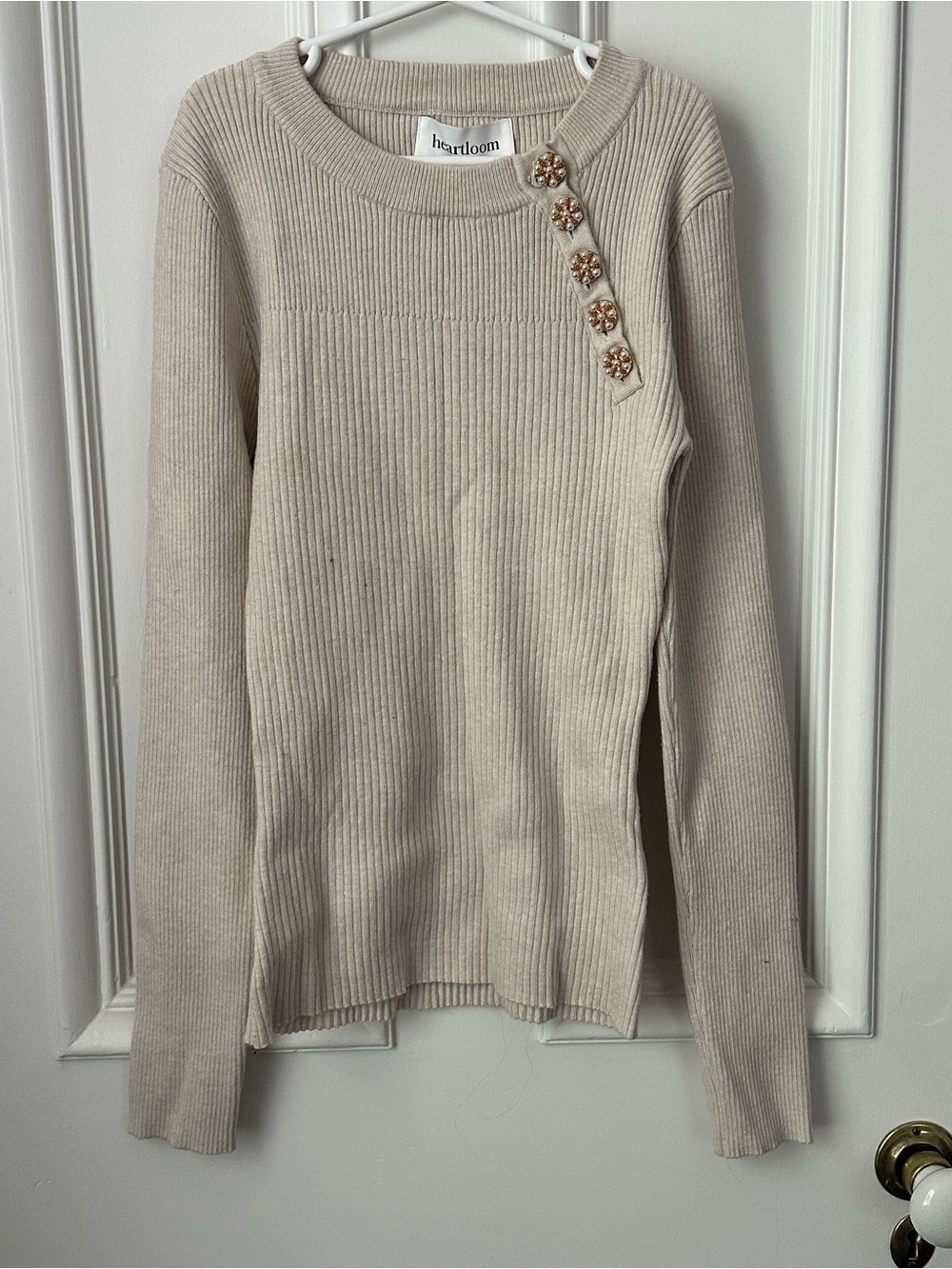 Heartloom Ribbed Cream Sweater with Decorative Buttons